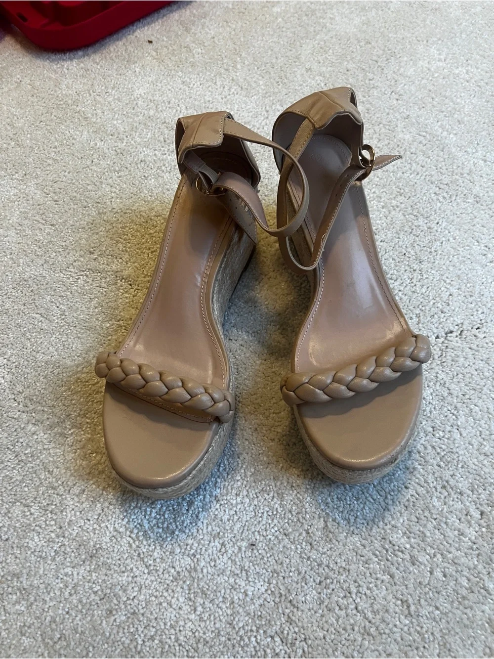 Braided Ankle-Strap Wedge Sandals in Taupe